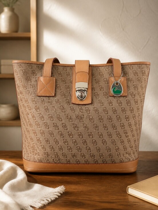 Dooney & Bourke Handbags - Dooney & Bourke Tan Monogram Tote with Leather Trim and Silver-Tone Lock,callout